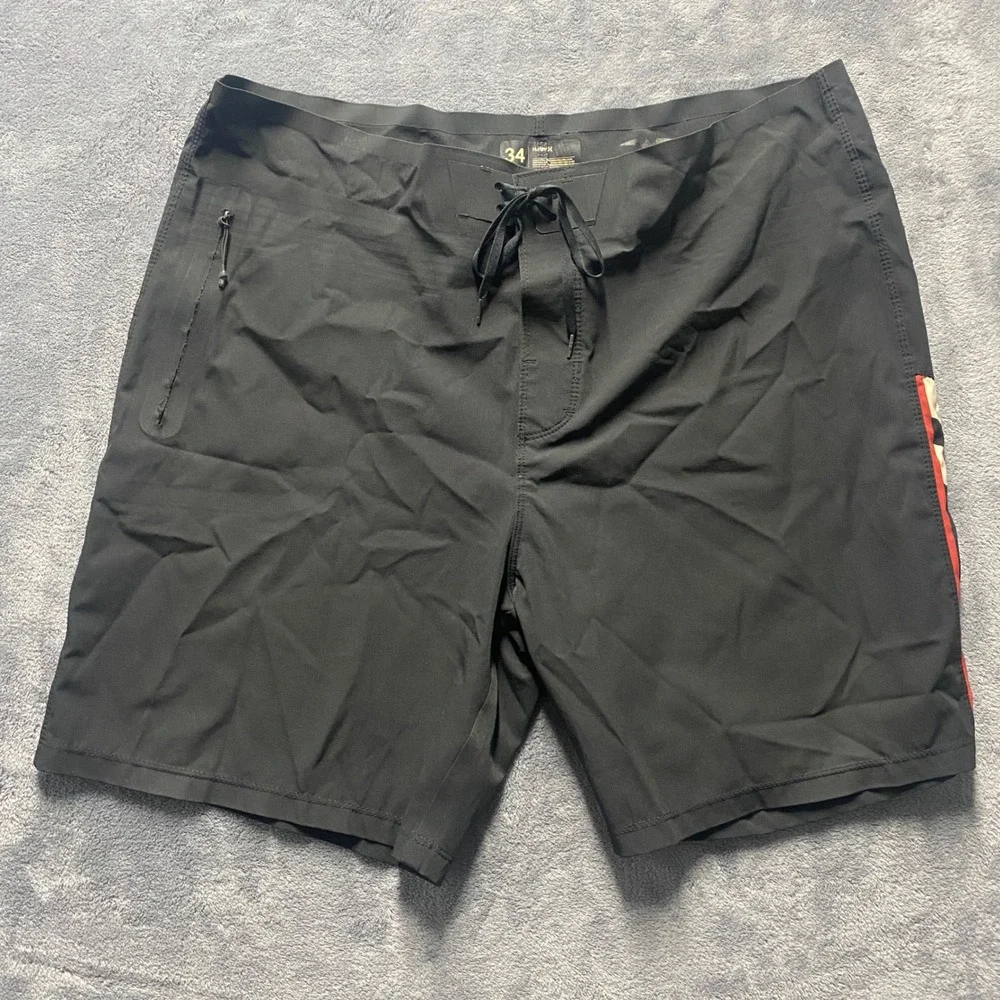 Hurley Phantom Board Shorts Mens 34 Black Striped Performance Swim Trunks Zipper